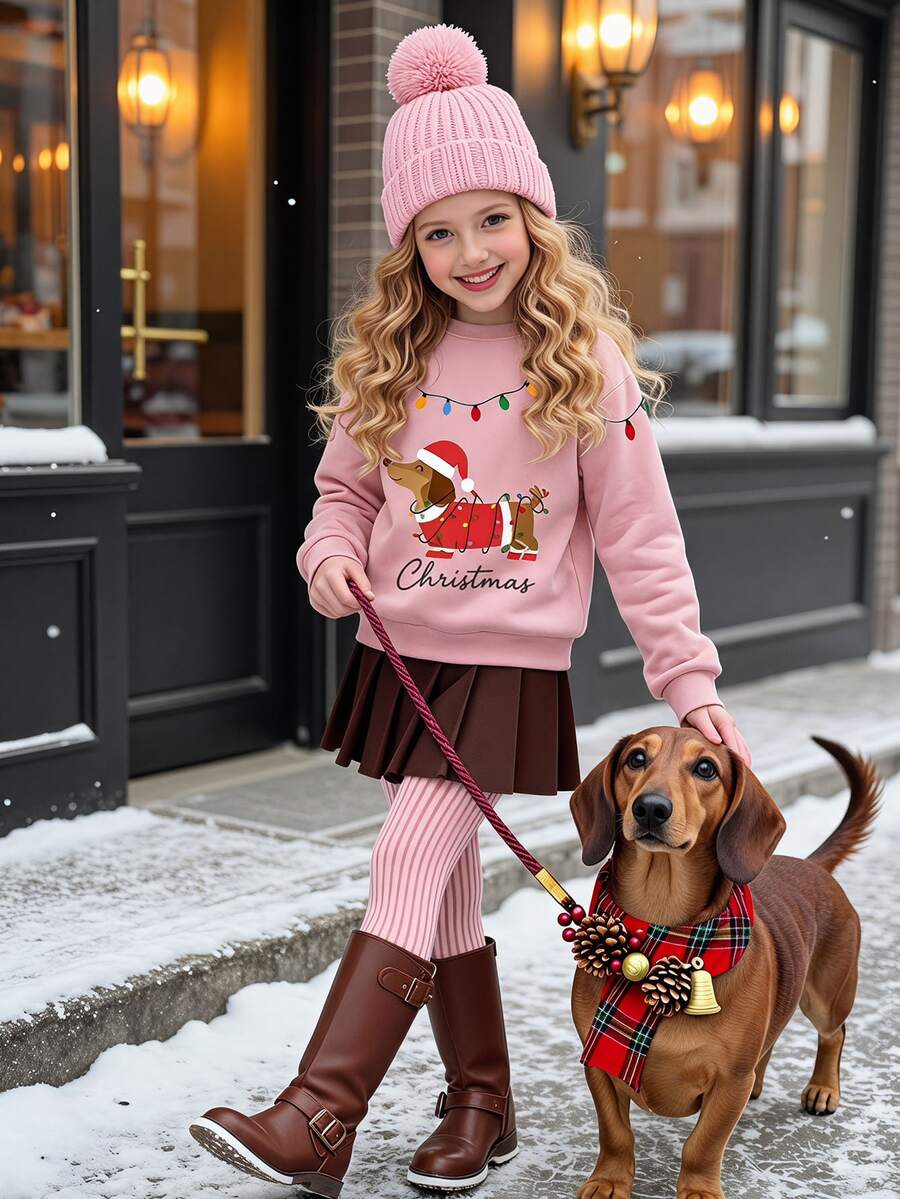 Tween Girls Casual Crew Neck Drop Shoulder Sweatshirt With Cartoon Pattern, Thermal Lined, Thick, Suitable For Autumn/Winter - Multicolor - View 1