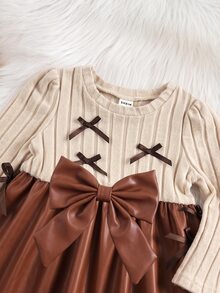 SHEIN Cute Knitted Bowknot Colorblock Long Sleeve Dress For Baby Girls - Khaki - View 3