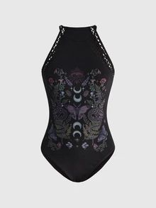 ROMWE Moth Butterfly Plant Mushroom Sun Moon Eye All-Over Print Gothic Patchwork Mesh Knit Women's Bodysuit - Black - View 1