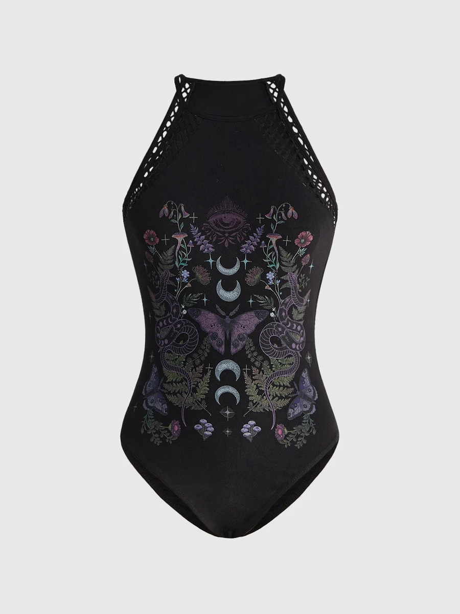 ROMWE Moth Butterfly Plant Mushroom Sun Moon Eye All-Over Print Gothic Patchwork Mesh Knit Women's Bodysuit - Black - View 1