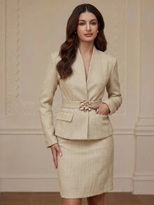 BELROSIE Women's Asymmetric V-Neck Collarless Long Sleeve Blazer And Bodycon Skirt Suit Set - Beige - View 5