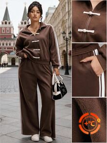 SHEIN BASICS Plus Size Frog Button Long Sleeve Jacket And Striped Pants With Pockets 2 Pieces Set - Brown - View 1