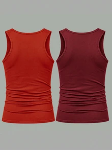 Manfinity Homme 2 Packs Men's Solid Color Round Neck Casual Versatile Tank Top, Holiday - Red - View 2