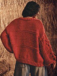SoleilVie Women's Solid Color Drop Shoulder Long Sleeve Loose Knit Cardigan - Red - View 2