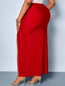 SOLERSUN Plus Size Women's High Waist Ruched Waist Front Tie Drape Split Bodycon Mid-Length Party Skirt, Autumn Outfit - Red - View 6