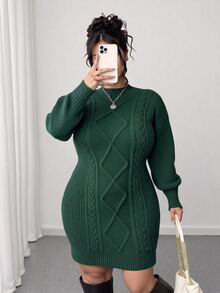 Elenzga 大尺碼純色立領扭繩編織刺繡長袖修身針織洋裝，秋冬女款衣著 - 墨綠色 - 查看 1