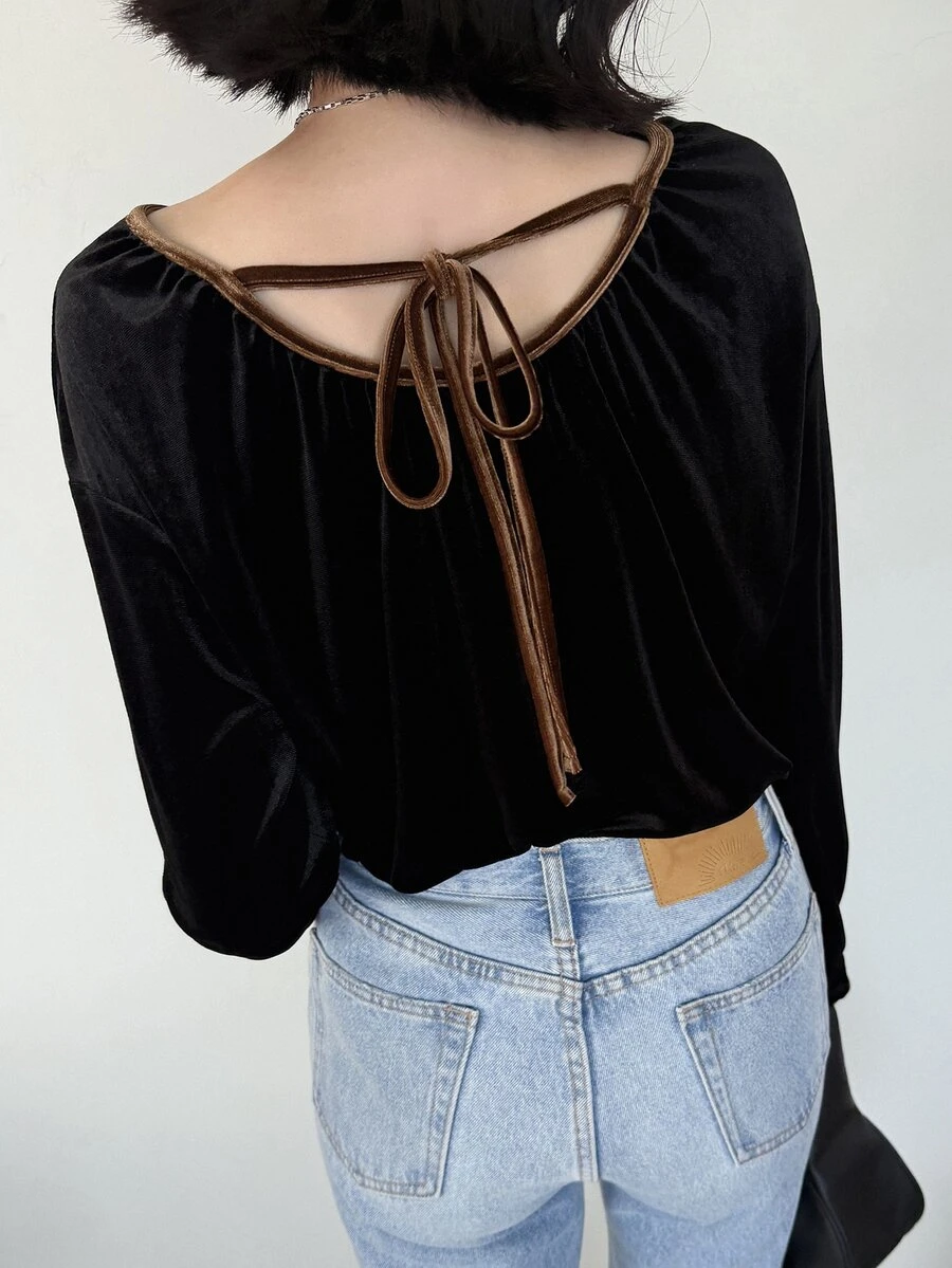 FRIFUL Women's French Style Flocked Long Sleeve Versatile T-Shirt - Black - View 1