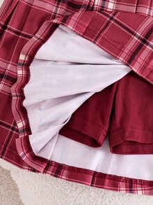 SHEIN 青少年女孩格紋百褶迷你裙褲，學院風校園風 - 紅色 - 查看 8