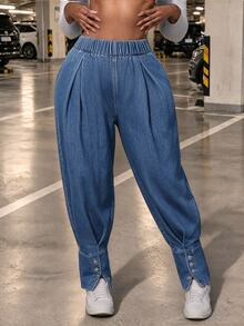 Slaydiva Plus Size Women Non-Stretch Denim Lantern Pants Cowboy Outfits For Women - Medium Wash - View 3