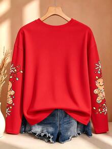 EMERY ROSE Plus Size Women's Spring/Summer Gingerbread Man Print Crew Neck Long Sleeve Casual T-Shirt Christmas - Red - View 2