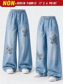 SHEIN 青少年女孩復古Y2K 3D貓咪刺繡仿牛仔印花高腰寬腿休閒長褲，適合校園派對街頭風秋季穿搭 - 藍色 - 查看 4