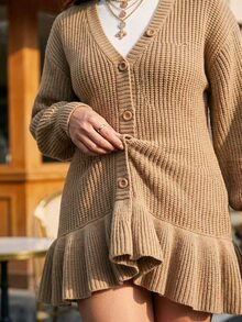 Linhara CURVE Plus Size Vintage Button Ruffle Hem Sweater Dress - Khaki - View 6