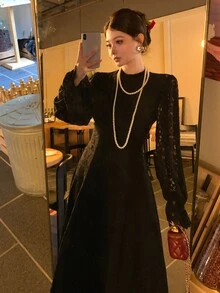 DAZY Gaun Pesta & Perjalanan Kasual Patchwork Renda Wanita - Hitam - View 5