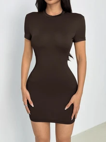 SHEIN PETITE 女款純色圓領短袖簡約迷你緊身洋裝，休閒基礎性感日常穿著，適合嬌小女性外出，黑色夏季款 - 棕色 - 查看 8