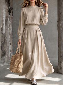 Trelyra Casual Minimalist Stand Collar Long Sleeve 2 Pieces Set Khaki Color Autumn/Winter New Style Suitable For Office Commute/Daily Wear Elegant Women's Set - Khaki - View 4