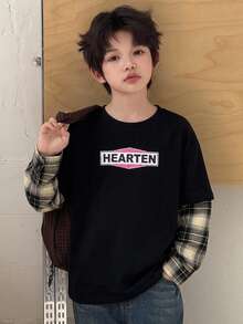 Dazy Kids Tween Boy Letter Print Patchwork Plaid 2 In 1 Casual T-Shirt - Black - View 6