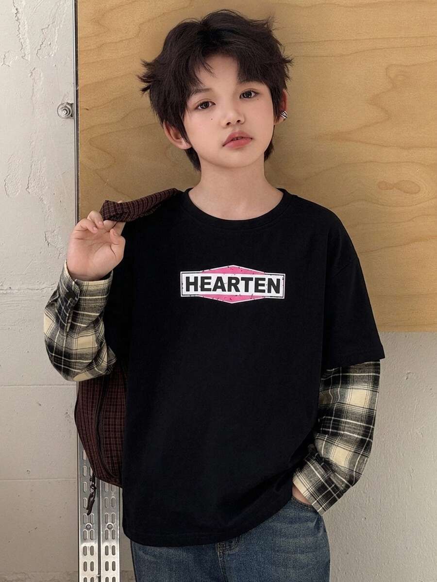 Dazy Kids Tween Boy Letter Print Patchwork Plaid 2 In 1 Casual T-Shirt - Black - View 1