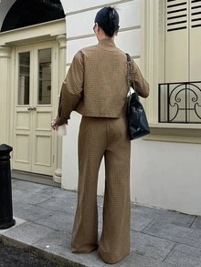 Livesso Autumn/Winter Coffee Brown Round Neck Long Sleeve Slim Fit Waist Top With High Waist Loose Wide Leg Pants Women 2 Pieces Set - Coffee Brown - View 2
