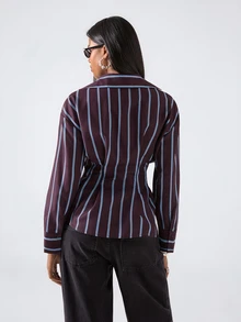 LYSMO Women's Dark Purple Cinched Waist Pleated Design Fashion Casual Smart Casual Elegant Shirt Office Brunch - Brown - View 2