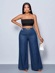 SHEIN Plus Size Women's Washed Denim Straight Leg Pants - Dark Wash - View 3