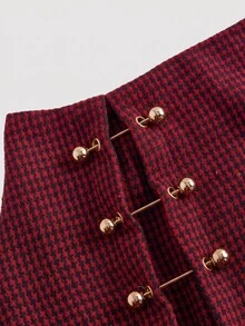 SHEIN MOD 中腰格紋印花裙，側邊金屬扣飾，適合外出、辦公室工作、大學校園，秋季學院風返校女款棕色學院風裙 - 紅色 - 查看 3