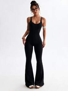 Slayform Women's Solid Color Criss-Cross Back Spaghetti Strap Flare Leg Jumpsuit - Black - View 2