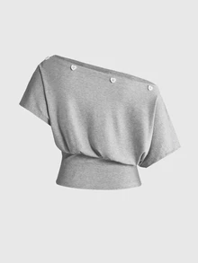 Sweetness Vintage Loose Cold Shoulder Heart Button Decor Batwing Sleeve Women's T-Shirt - Light Grey - View 2