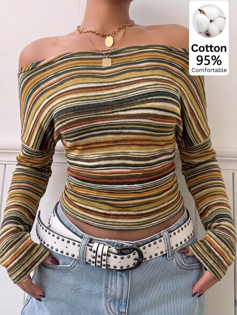 Muchica Women's Striped Off-Shoulder Casual Daily Long Sleeve T-Shirt - Multicolor - View 1