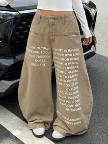Muchica Women's Casual Everyday Denim Jeans With Pocket, Button And Slogan Graphic - Khaki - View 4
