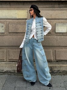 StreetHx Fashion Street Style Rivet Button Denim Jacket - Light Wash - View 8