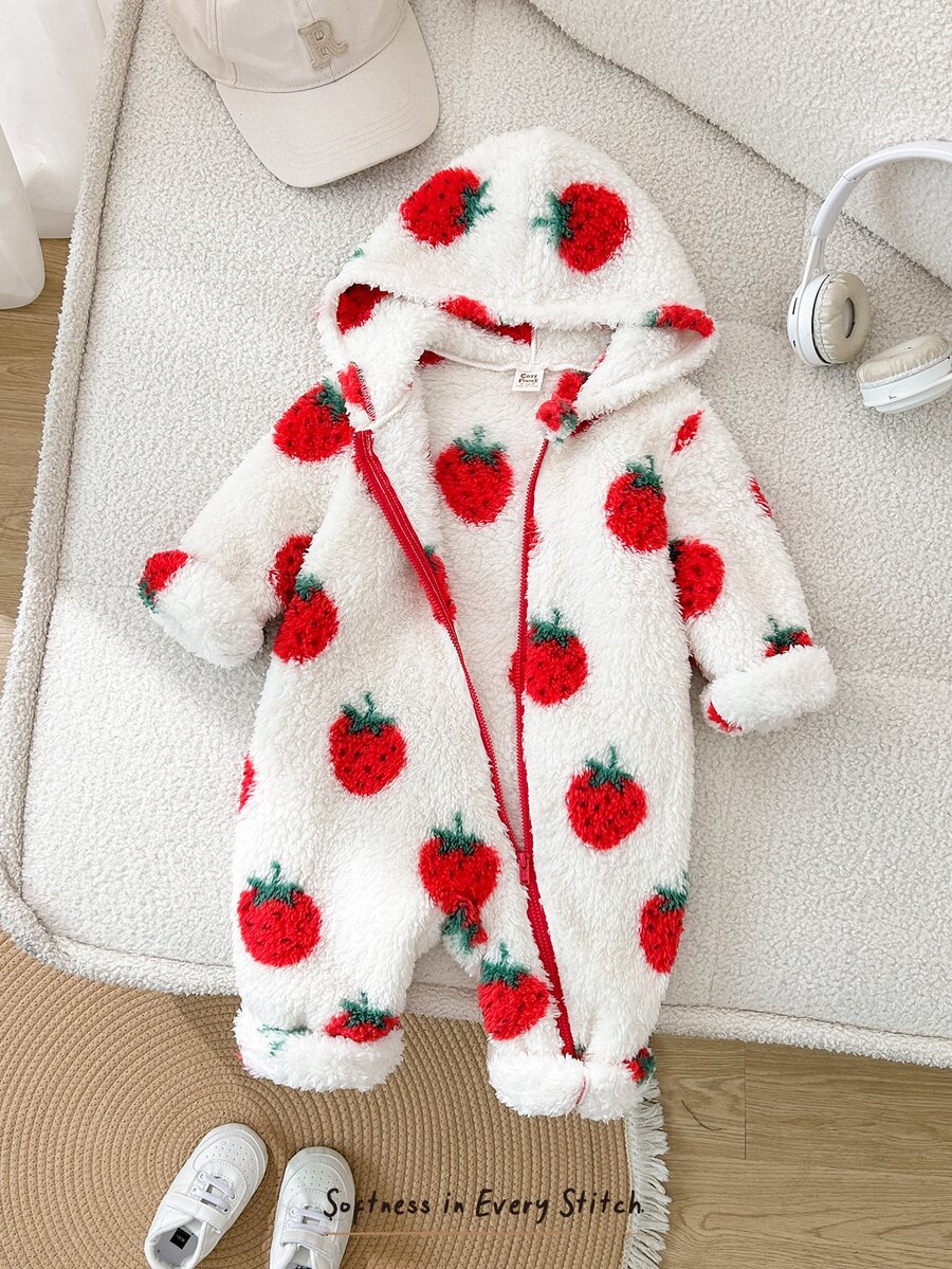 Cozy Pixies Baby Girl Casual Comfortable Daily Versatile Strawberry Pattern Plush Fabric One-Piece Long Pants - Multicolor - View 1