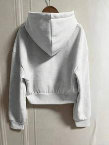 SHEIN 青少年女孩秋季灰色拉鍊落肩長袖寬鬆休閒衛衣外套，寬鬆抓絨內裡基礎休閒衛衣外套 - 灰色 - 查看 3