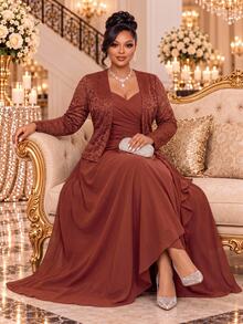 Fleurora Plus Size Versatile Ruched Spaghetti Strap Dress With Lace Cardigan 2 Pieces Set - Coral Orange - View 3