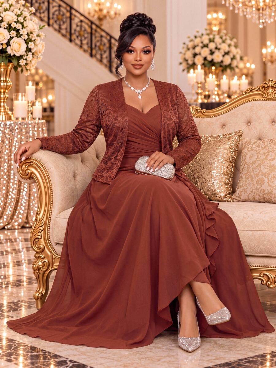 Fleurora Plus Size Versatile Ruched Spaghetti Strap Dress With Lace Cardigan 2 Pieces Set - Coral Orange - View 1