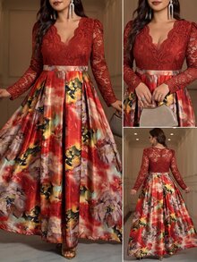 Reflora 大尺碼女款對比蕾絲V領長袖優雅休閒禮服 秋季婚禮賓客正式早午餐深綠色 - 彩色 - 查看 2