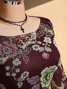 SHEIN ICON 大尺碼復古 Y2K 中式花卉印花喇叭袖不對稱下擺網眼針織上衣 秋季 - 酒紅色 - 查看 8