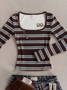 Tween Girls Autumn New Knit Square Neck Casual Slim Fit Long Sleeve T-Shirt - Multicolor - View 1