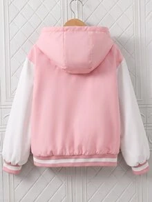 SHEIN 女童休閒時尚梭織布印花連帽外套，對比色袖子與袖口，抓絨內裡，寬鬆版型，舒適適合秋冬日常通勤、戶外玩耍、出遊、聚會與拍照 - 紫色 - 查看 2