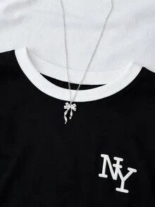 SHEIN 青少年女孩休閒T恤 色塊設計搭配紐約印花圖案 日常穿著 - 黑色 - 查看 3