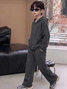 Dazy Kids 青少年男孩落肩長袖拉鍊連帽衛衣外套與長褲休閒套裝 - 深灰色 - 查看 4