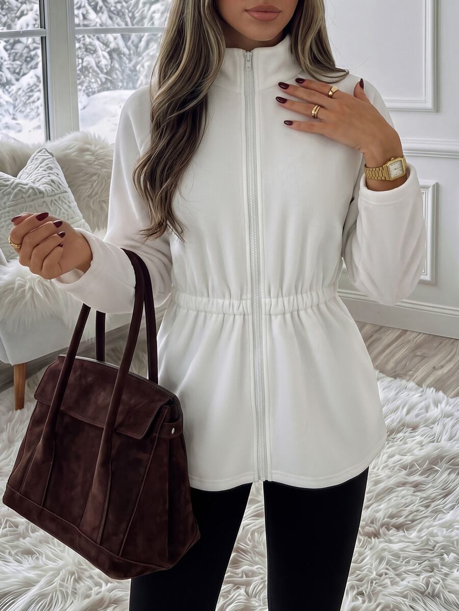Easowa Women's Minimalist Zip-Up Long Sleeve Sweatshirt For Daily Wear - White - View 1
