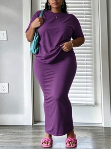 INAWLY Solva Plus Size Women's Solid Color Short Sleeve Top And Skirt Casual 2 Pieces Set - Purple - View 2
