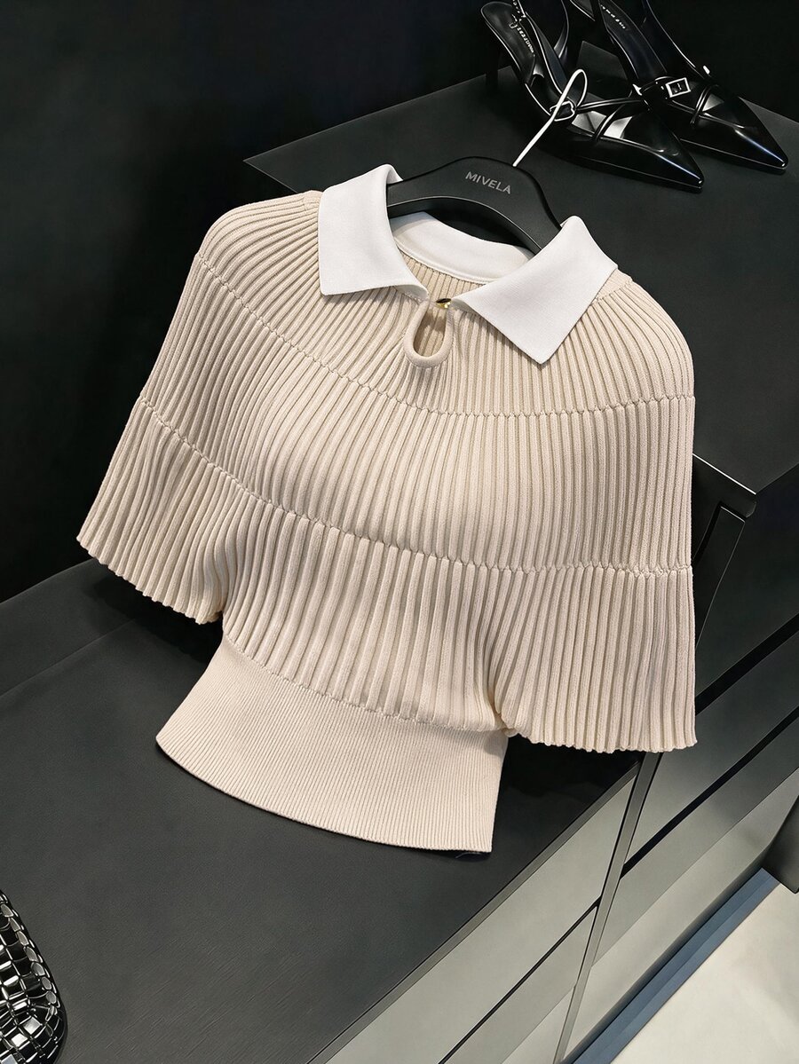 Muvela Women's Cream Ribbed Knit Polo Sweater – Elegant Collared Long Sleeve Pullover Top Chic Basic Christmas Back To School Festival New Year Party - Apricot - View 1