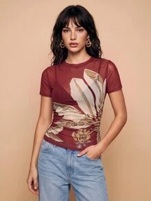CAJUNI Chic Vacation Golden Palm Embroidery Mesh Top - Red - View 4