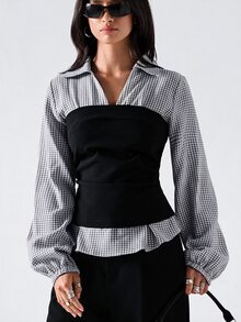 LYSMO Colorblock Patchwork Plaid Cinched Waist Shirt - Black - View 1