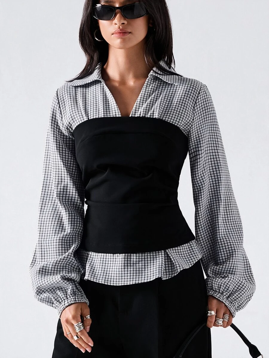 LYSMO Colorblock Patchwork Plaid Cinched Waist Shirt - Black - View 1