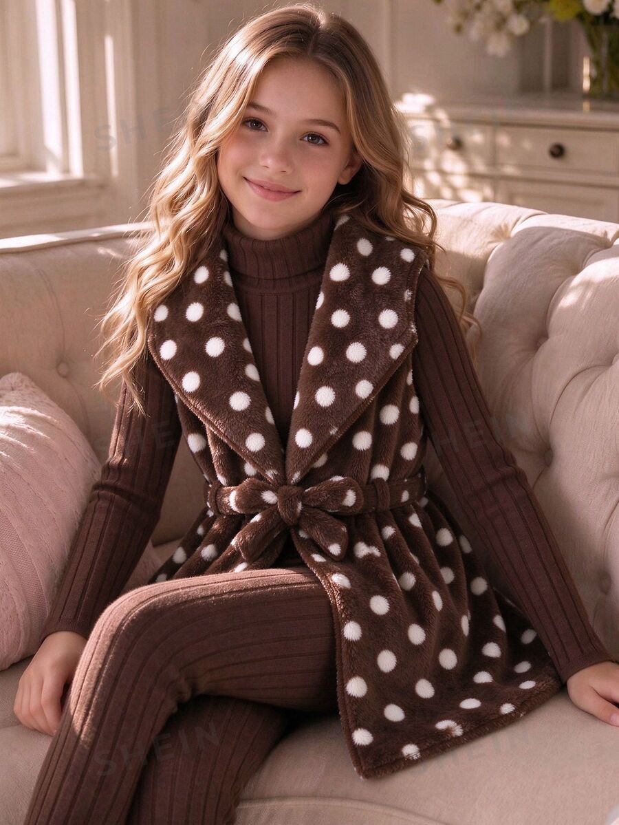 Tween Girls Cute Plush Polka Dot Robe Jacket & Ribbed Knit Trousers 2pcs Outfits Casual Fall Winter Cozy Thermal Fleece Loungewear Set - Multicolor - View 1