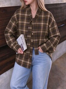 INAWLY Vintage Style Ribbon Loose Drop Shoulder Blouse - Brown - View 3