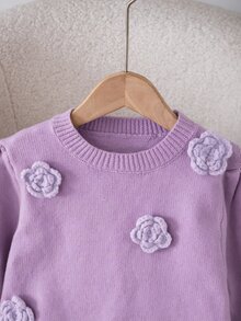 SHEIN 少女甜美 3D 裝飾荷葉邊下擺針織衫 - 紫色 - 查看 6