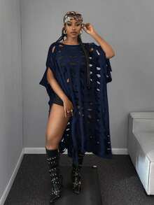 Mawevolt Plus Size Women's Sweater Dress, Half-Sleeved, Solid Black Color, Cutout Winter Fall Autumn - Navy Blue - View 5